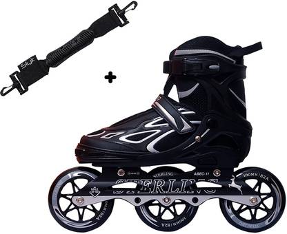 Slyk Sterling Adjustable Inline Skates 100 mm 3 - Polyurethane Speedy Wheels Tri-Skate with ABEC-11 Bearings + Carrier Buckle Hook Strap -- black - large (euro shoe size 39 to 42) [CAT_83851] In-line Skates - Size 7 UK