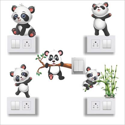 Printart 15 cm Beautiful 3D Cute Panda Medium Switch Board Sticker, Wall Sticker, Light Switch Set of 5 Sticker. Self Adhesive Sticker