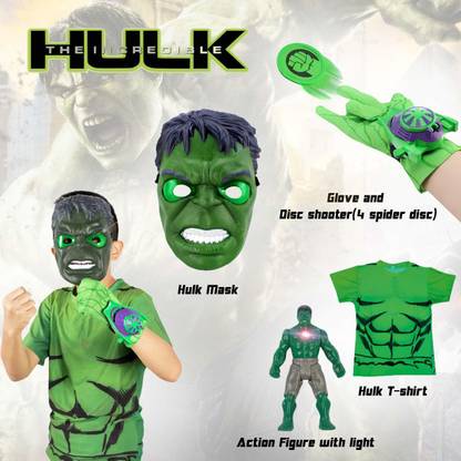 Wembley Toys Marvel Avengers Hulk Halloween Costume and Gloves with Disc Launcher for Real Action, Kids Age (5- 10 Years)