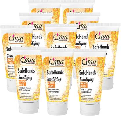 Qraa Safe Hands  Tube For All Kind of Flu, Virus- Anti-Bacterial  with Neem & Aloe Vera Extracts Combo Pack of 10 Tubes Hand Rub Bottle