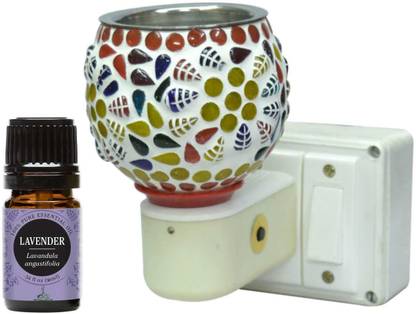 CraftQua Lavender Diffuser Set Electric Glossy Ceramic Aroma Oil Diffuser/Kapoor Dani/ Camphor Burner with Switch (in-Built On/Off Button for Heating) Hand-Crafted Incense Burner for Home, Office, Temple, Positive Energy and Ambiance with Lavender Aroma Oil 10ml (Exclusive Pack)