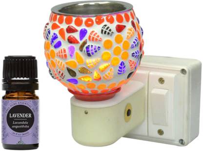 FStyler Lavender Aroma Oil Diffuser Set Electric Glossy Ceramic Aroma Oil Diffuser/Kapoor Dani/ Camphor Burner with Switch (in-Built On/Off Button for Heating) Hand-Crafted Incense Burner for Home, Office, Temple, Positive Energy and Ambiance with Lavender Aroma Oil 10ml (Combo Pack)