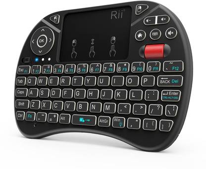 XEMPT i8X 2.4GHz Mini Wireless Keyboard with Scroll Wheel, Touchpad Mouse Combo, LED Backlit,Rechargeable Li-ion Battery-Black for SMART/Android TV BOX Wireless Standard Multi-device Keyboard Compatible with Desktop, Laptop, Mac