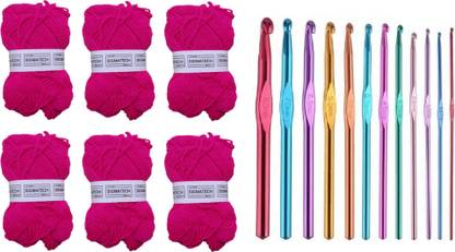 Sigmatech 6 Piece Wool Ball Hand Knitting Yarn, Crochet Hook Yarn, Art & Craft with 12 Aluminium Knitting Needle (dark pink color)