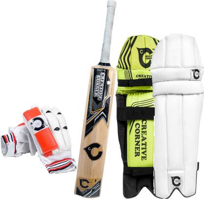 Creative Corner 1 Set of Leg Guard Pu Leather, 1 Set of Glove PU Leather, 1 Kashmiri Willow Bat Full cane Handel, Cricket Kit
