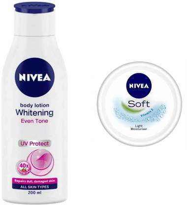 NIVEA Whitening Even Tone Body Lotion 200 ml & Soft Light Moisturizer 50 ml (Pack of 2)