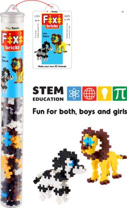 PLAY PANDA Fixi Bricks Jungle Tube 2 - Lion and Zebra - with 110 pcs, Detailed Assembly Instructions and Storage Tube - Small Parts (Age 6-99 Years)