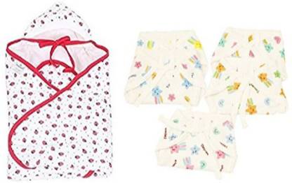 VADMANS Newborn Premium Quality Hooded Cherry Red Printed Baby Wrapper| Warm and Super Soft Carry Towel/Blanket + 5 Pieces Baby White Hosiery Cloth, Reusable and Washable Nappies (Large)