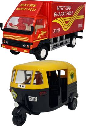 Miniature Mart Pack of 2 Small Size City Auto Rickshaw & Bharat Post Mail Supply Truck With Back Side Openable Doors Toys For Kids , and Vehicle Showpieces. (2 Combo Offer)