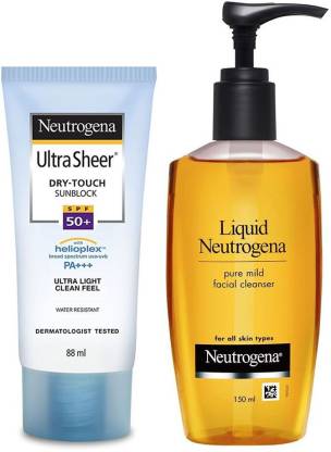 NEUTROGENA Cleanser & Sun Protection Skin Care Pack - Ultra Sheer Dry Touch Sunblock Spf 50+(88Ml);Liquid Facial Cleanser(150Ml)