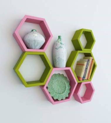Lamour Art Wooden Wall Hexogen Shape Set Of -6 Wooden Wall Shelf