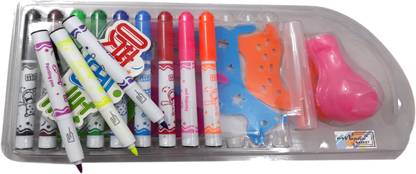 MAJESTIC BASKET 12 Colour Spray Blow Pens with 4 Cartoon Stencils for Kids & Children Fun Developing Creative Activity