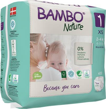 Bambo Nature Size 1, 2-4 kg, XS Size, 22 Count, for Newborn Baby - Super Absorbent, Eco-Friendly and with a Wetness Indicator - XS