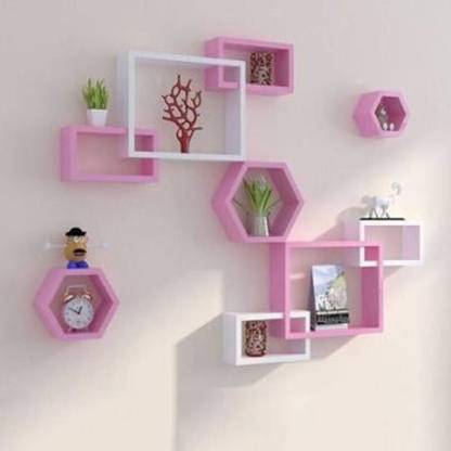 Crafts Store Center Pink and White Cube Shape Wall Shelves Set Of 9 Modern Rectangle MDF Wall Shelf (Number of Shelves - 9, Pink & White) MDF (Medium Density Fiber) Wall Shelf