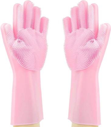 APPGEN New Magic Silicone Dish Washing Gloves, Silicon Cleaning Gloves, Silicon Hand Gloves for Kitchen Dishwashing and Pet Grooming, Great for Washing Dish, Kitchen, Car, Bathroom (1 Pair) Wet and Dry Glove Wet and Dry Glove Set