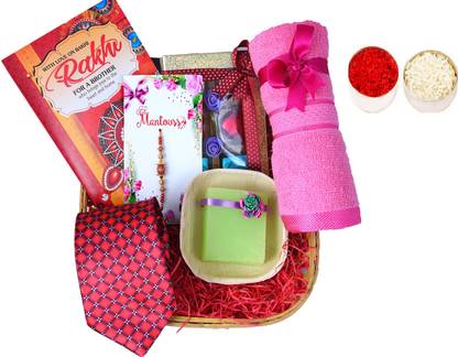 MANTOUSS Rakhi for Brother with Gift-Decorated Tokri+Chocolate Box+Rakhi+Roli,Chawal+Handmade soap+Hand Towel+Men,s Tie+Rakhi Greeting Card Cotton, Silk, Bamboo, Paper Gift Box