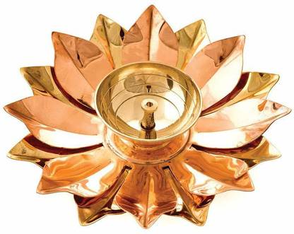 Wens Brass Akhand Diya (Brass, 20 cm x 20 cm x 5.75 cm, Golden and Copper) Brass Table Diya