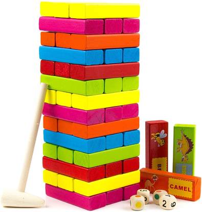 IndusBay Animal Patterned Cartoon Jenga Game Set 54 Piece Wooden Dominoes Blocks Stacking Tumbling Tower Learning Board Games