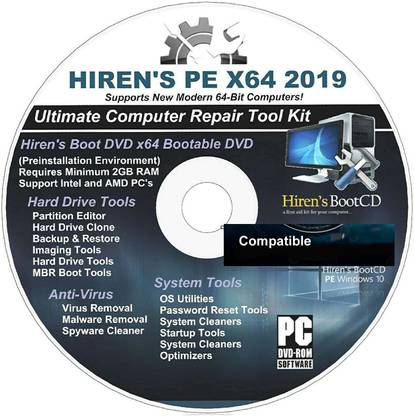 COMPATIBLE Hiren's Boot CD/DVD PE x64 bit Software Repair Tools Suite 2019 latest version 16.3 Best PC Computer Repair Recovery Windows 7, 8, 8.1 and 10