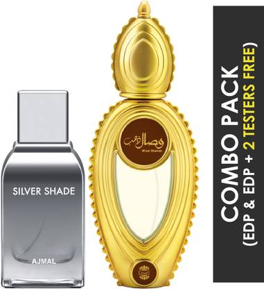 Ajmal Silver Shade EDP Citrus Woody Perfume 100ml for Men and Wisal Dhahab EDP Fruity Floral Perfume 50ml for Men + 2 Parfum Testers FREE Eau de Parfum  -  150 ml