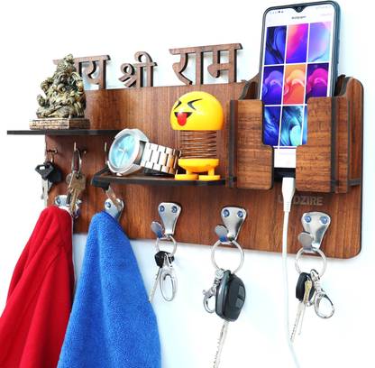 US DZIRE ™ 813 Jai Shri Ram Wall Mount Mobile Charging Holder with Shelf, Key-Cloth Hanger, Multi-use For Sunglasses Watch Wallet Handcrafted Wooden Home or Decorative Shelves. Wooden Wall Shelf