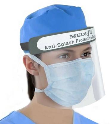 Medi-fit Reusable Safety Face Shield set of 5 Medi-Fit Disposable Face Shield with Adjustable Elastic Strap Anti-Splash Single Use Protective Facial Cover Transparent Full Face Visor with Eye & Head Protection , Set Of 5 Shields Safety Visor