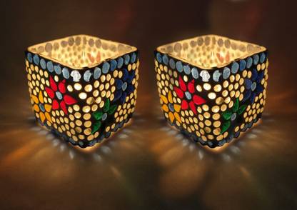 FAA Craft Designer Square Glass Flower Mosaic Multi Color Mini Hurricane Tealight Candle Holder for Wedding Event Home Decoration Centerpiece Candle Making Multi Color Set of 2 Glass Candle Holder Set