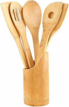 CLASSY TOUCH Bamboo Cooking, Serving Wooden Spoon with Stand (Each 30 cm Long) -5 Piece Set Kitchen Tool Set