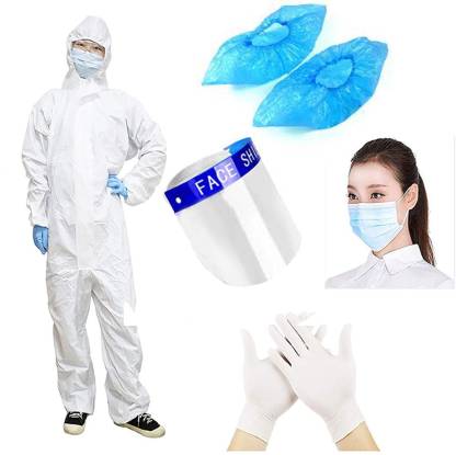 NYLSA Pack of 5Pcs Disposable PPE KIT (Impermeable Surgical Gown/Overall, Gloves, Face Shield, 3ply Face mask, Shoe cover) Safety Jacket