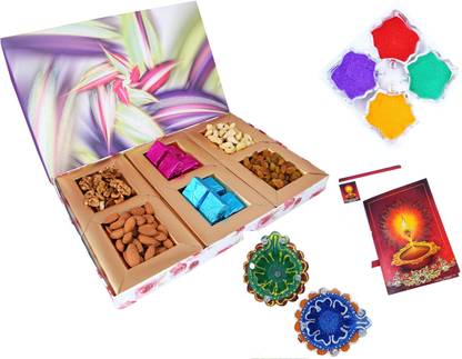 MANTOUSS Diwai Gift of Dry-Fruits Chocolate Combo-Cashew,Almond,Walnut and Raisin (50gms Each)+10 Pieces of Chocolate + 2 earthern Diya, Diwali Greeting Card and Rangoli Colours Earthenware, Paper, Terracotta Gift Box