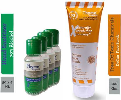Thyme Organic Instant Hand Sanitizer with 70% Alcohol , Vitamin E & Aloe Vera (50 Ml x 4) + Detan Face Scrub with Vitamin C , Liquorice & Match Green Tea (100 gms)