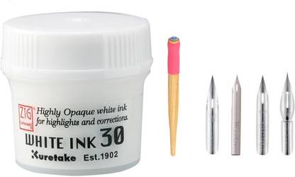 Zig KURETAKE WHITE INK & NIB HOLDER & 4 NIBS COMBO SET
