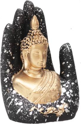 White Box Resin Palm Buddha Statue Face on Hand Showpiece For Feng Shui or Vastu (4 X 3 X 7 inch, Black Golden) Decorative Showpiece  -  15 cm