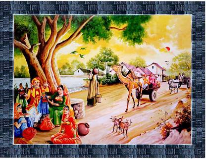 King Decore Rajasthani Village View Digital Reprint 10.5 inch x 13.5 inch Painting