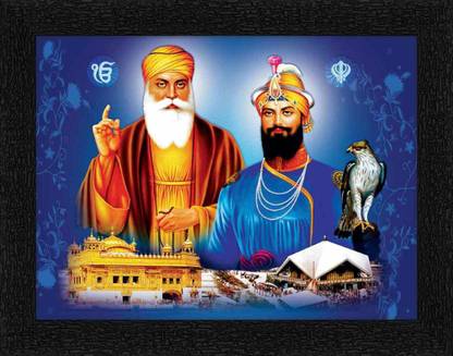 Art Amori Guru Gobind Singh With Guru Nanak Saheb Painting with Synthetic Frame Digital Reprint 11 inch x 14 inch Painting
