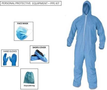 Sasimo PPE KIT with full body cover, Head cover, Hand Gloves , 3 Ply Face Mask, Shoe Cover & Bio Medical Waste Bag Safety Jacket Disposable PPE KIT (Face Shield,Impermeable Surgical Gown/Overall, Gloves, 3ply Face mask, Shoe cover) Safety Jacket