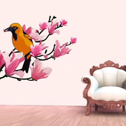 DivineDesigns 51 cm Sparrow Feeding Floral Wall Sticker (Size :- 61 X 51 cm ) Self Adhesive Sticker