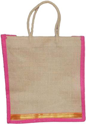 Alokik Laminated Jute Bags With Fabric For Ladies/Girls With Zipper (Big, Pink) Pack of 2 Pack of 2 Grocery Bags