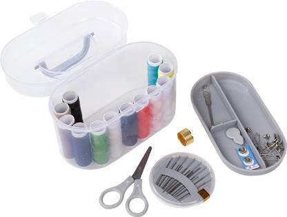 MINISO Double Layer Portable Travel Sewing Kits Box with Color Needle Threads Scissor pin Hand Work Sewing Box Handwork Accessories (Grey) Sewing Kit