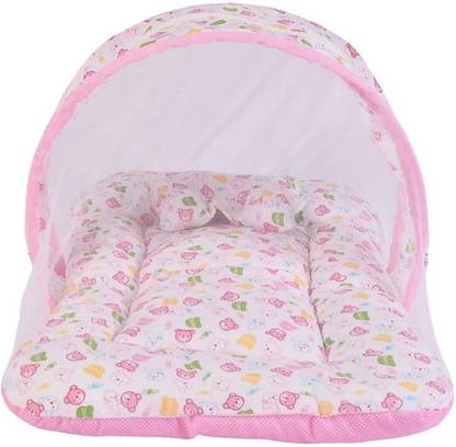 croox New Born baby bedding set with protective mosquito net, cute pillow and folding Pure Cotton mattress Convertible crib