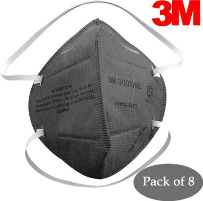3M 9000ING Dust/Mist Respirator, BIS P1, 1000/CS | ISI Approved PM2.5 Anti-Pollution Dust Standard Size Mask | 8 Mask In Pack, Grey Water Resistant, Reusable
