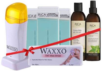 Rica Aloe Vera Roll-On Waxing Starter Kit (Set of 3 Refill Wax, 1 Pre Wax Gel, 1 Post Wax Lotion, 1 Single Roll On Wax Heater, 1 TNT Wax Strips) - Made in Italy Wax