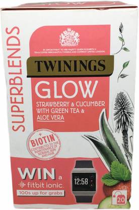 TWININGS Superblends Glow Strawberry & Cucumber with Green Tea & Aloe Vera Imported 40G Strawberry, Aloe Vera Green Tea Bags Box
