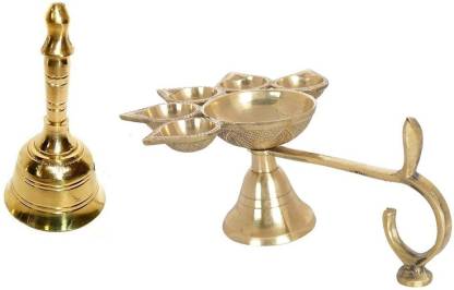 De-Ultimate Combo Of 5 Face Puja Camphor Burner Lamp Panch Aarti Jyoti With Brass Round Head Pooja Puja Bell Ghanti Brass