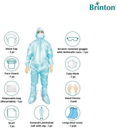 Brinton Medical Disposable PPE (Personal Protection Equipment) Kit | Coveralls with Zipper & Elastic Waist, Hand Gloves, Head Cap, Goggle, Face Guard | Protective Suits for Ward/Hospital/Laboratory Safety Jacket