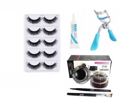 APK 5 Pair Eyelash,Eyelash Glue,Eyelash Curler, Gel Eyeliner Black and Brown pack of 5