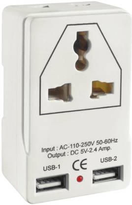 Protos India.Net Hilex Dual 2 USB Travel Charger - 3 Pin & 2 Pin Universal Socket 2.4Amp 5V Worldwide Adaptor Adapter Worldwide Adaptor