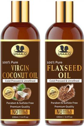 Ugaalo Virgin Coconut Oil And Flaxseed Oil For Hair Growth, Dandruff, Treat Hair Loss-100ml-Packof-2-Bottle-COMBO- Hair Oil