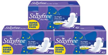 STAYFREE Dry-Max All Nights| All round protection through the night| 2x better coverage Sanitary Pad  (Pack of 126) at Rs. 675