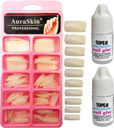 AuraSkin Best Artificial Nail Tips False Nails with 2pcs Strong Nail Glue White Natural